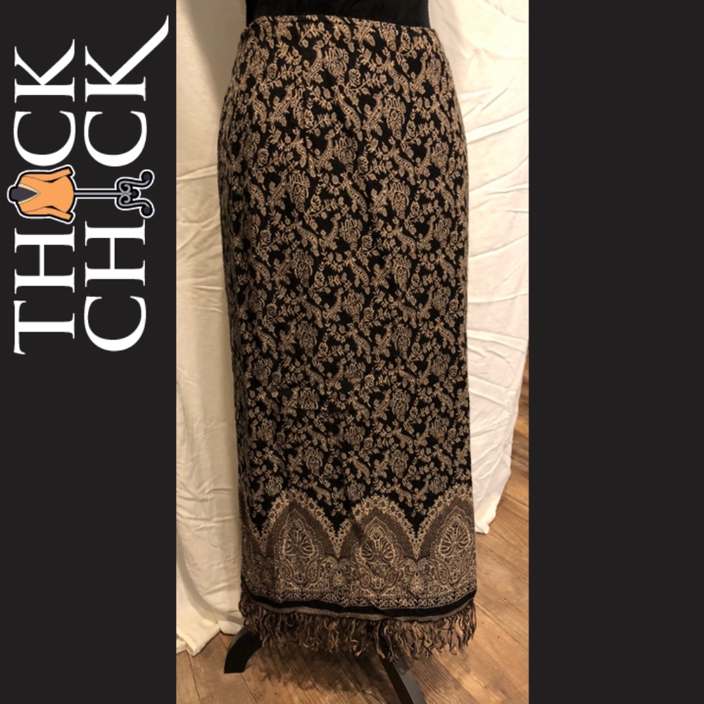 Tan & Black Long Fringed Skirt